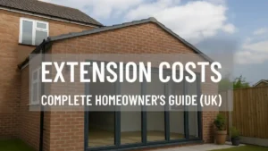 Modern brick house extension with large glass doors and clean backyard, promoting a UK homeowner's guide to extension costs