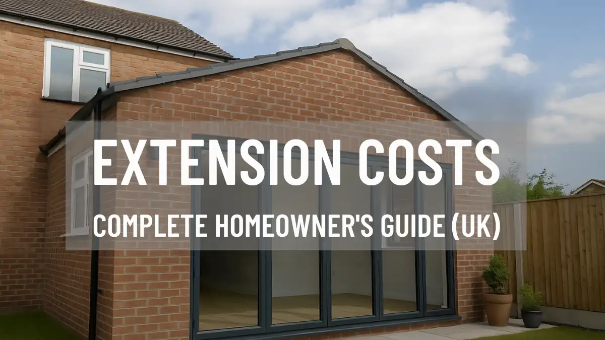 Modern brick house extension with large glass doors and clean backyard, promoting a UK homeowner's guide to extension costs
