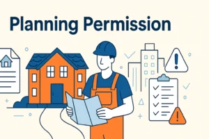 Illustration of a construction worker in orange overalls holding planning documents in front of a house, symbolizing the UK planning permission process, with checklist icons, warning signs, and urban building outlines in the background.