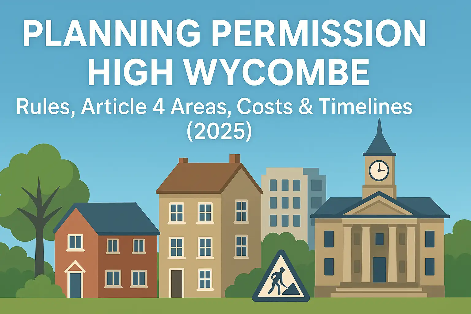 Planning permission in High Wycombe – featured illustration with suburban houses, town hall, construction sign, and text highlighting rules, Article 4 areas, costs, and timelines for 2025