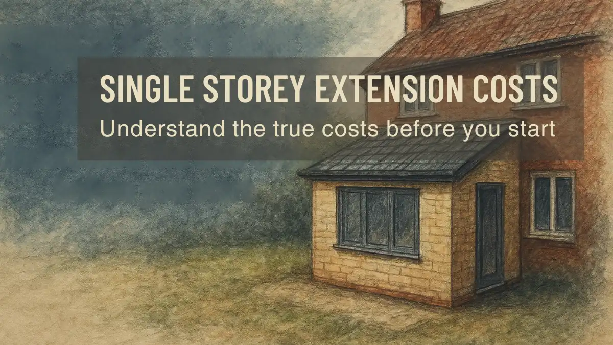 Illustration of a single-storey home extension with a modern flat roof and brick exterior, accompanied by text overlay that reads “Single Storey Extension Costs – Understand the true costs before you start,” highlighting home renovation budgeting.