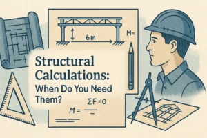 Illustration featuring the title “Structural Calculations: When Do You Need Them?” centered in bold black text. Surrounding the title are technical drawing tools like a triangle ruler, pencil, and compass, along with architectural blueprints and a drawing of a structural beam labeled “6m”. On the right side is a construction worker wearing a hard hat, looking at a drafting layout. Mathematical symbols like “ΣF = 0” and “M =” are shown to imply engineering formulas. The style is vintage and technical, using muted beige and blue tones.