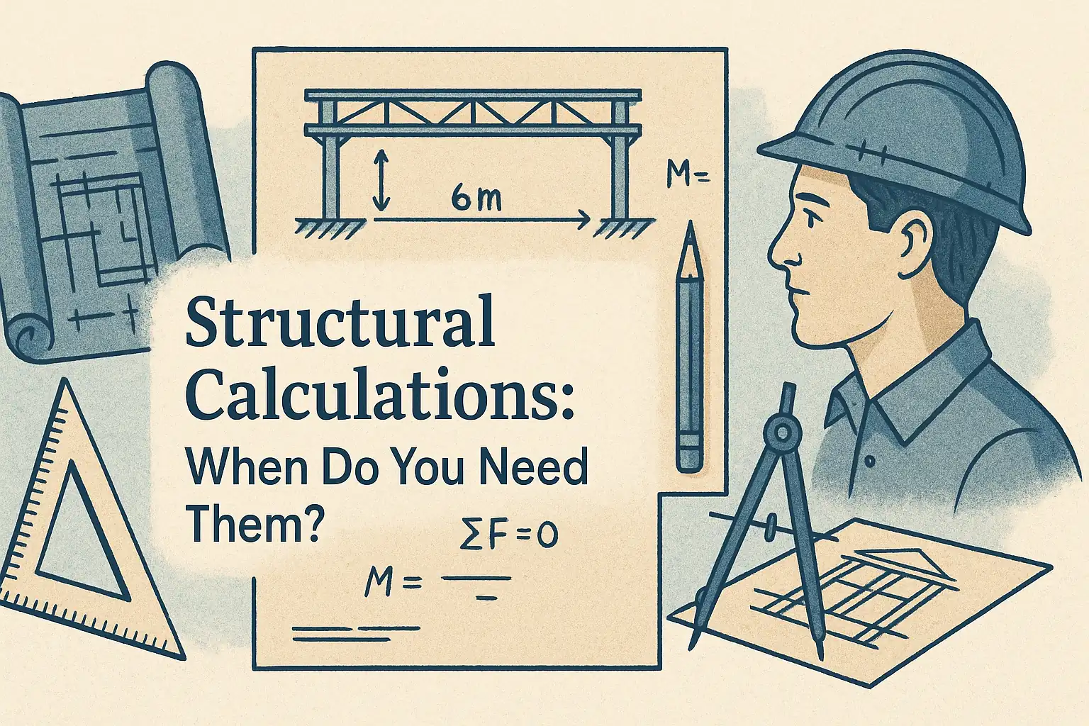 Illustration featuring the title “Structural Calculations: When Do You Need Them?” centered in bold black text. Surrounding the title are technical drawing tools like a triangle ruler, pencil, and compass, along with architectural blueprints and a drawing of a structural beam labeled “6m”. On the right side is a construction worker wearing a hard hat, looking at a drafting layout. Mathematical symbols like “ΣF = 0” and “M =” are shown to imply engineering formulas. The style is vintage and technical, using muted beige and blue tones.