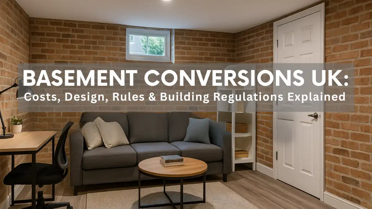 Modern UK basement conversion with exposed brick walls, sofa, desk, and natural light — illustrating a comfortable, well-designed living space that meets planning and building regulations.