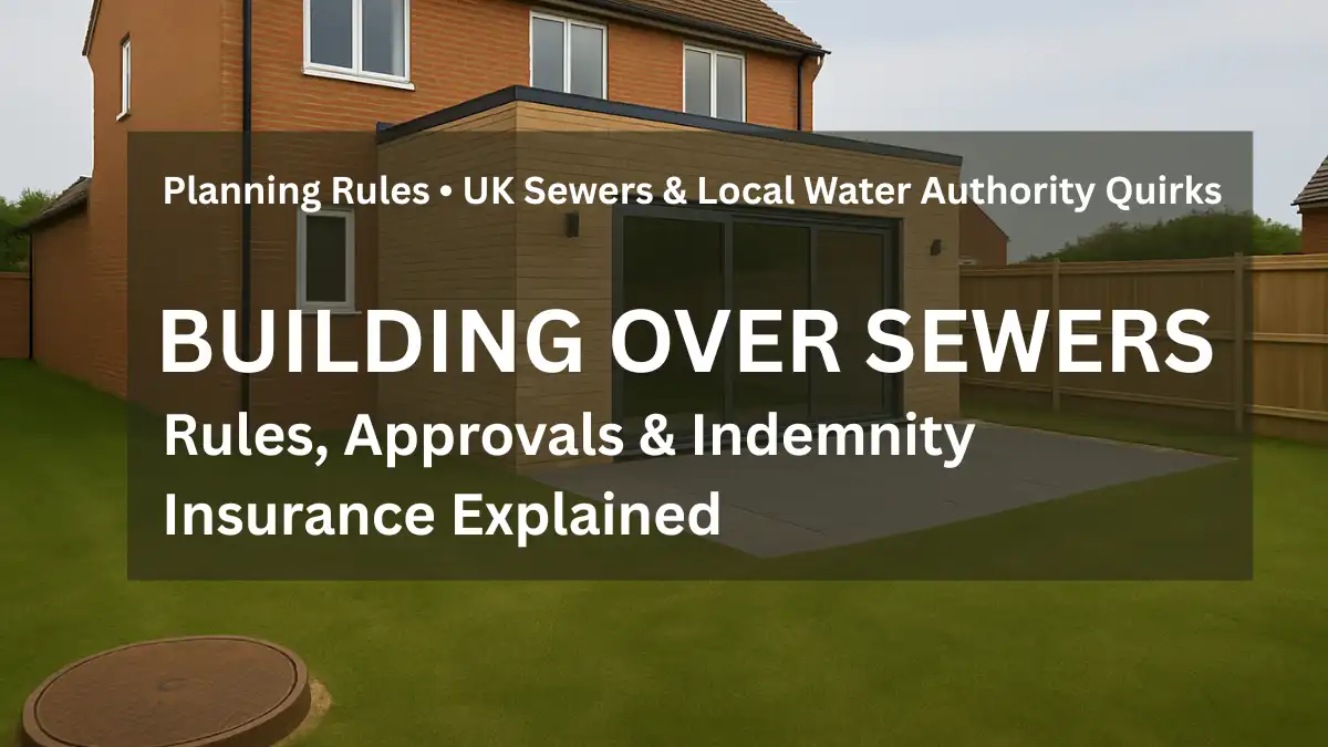 Modern UK home extension with patio, illustrating building regulations and planning rules for constructing over public sewers, including approvals and indemnity insurance requirements