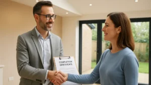 Smiling architect hands over a Building Regulations Completion Certificate to a homeowner inside a modern UK home extension, symbolising final approval and project sign-off.