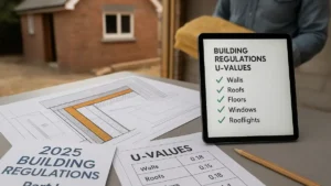 A construction planning table displaying documents and diagrams related to Building Regulations U Values, including insulation layers, compliance checklist on a digital tablet, and U-value targets for walls, roofs, and windows in a partially built home extension.