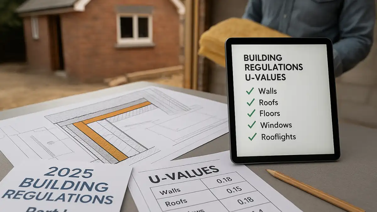 A construction planning table displaying documents and diagrams related to Building Regulations U Values, including insulation layers, compliance checklist on a digital tablet, and U-value targets for walls, roofs, and windows in a partially built home extension.