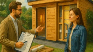 Building inspector discussing garden room compliance with homeowner beside a modern wooden outbuilding, showcasing exposed electrical wiring and insulation for Building Regulations for Garden Rooms assessment.