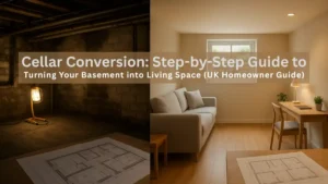Cellar Conversion Before and after image of a UK basement conversion, showing the transformation from a dark, unfinished cellar to a bright, modern living space with furniture and lighting