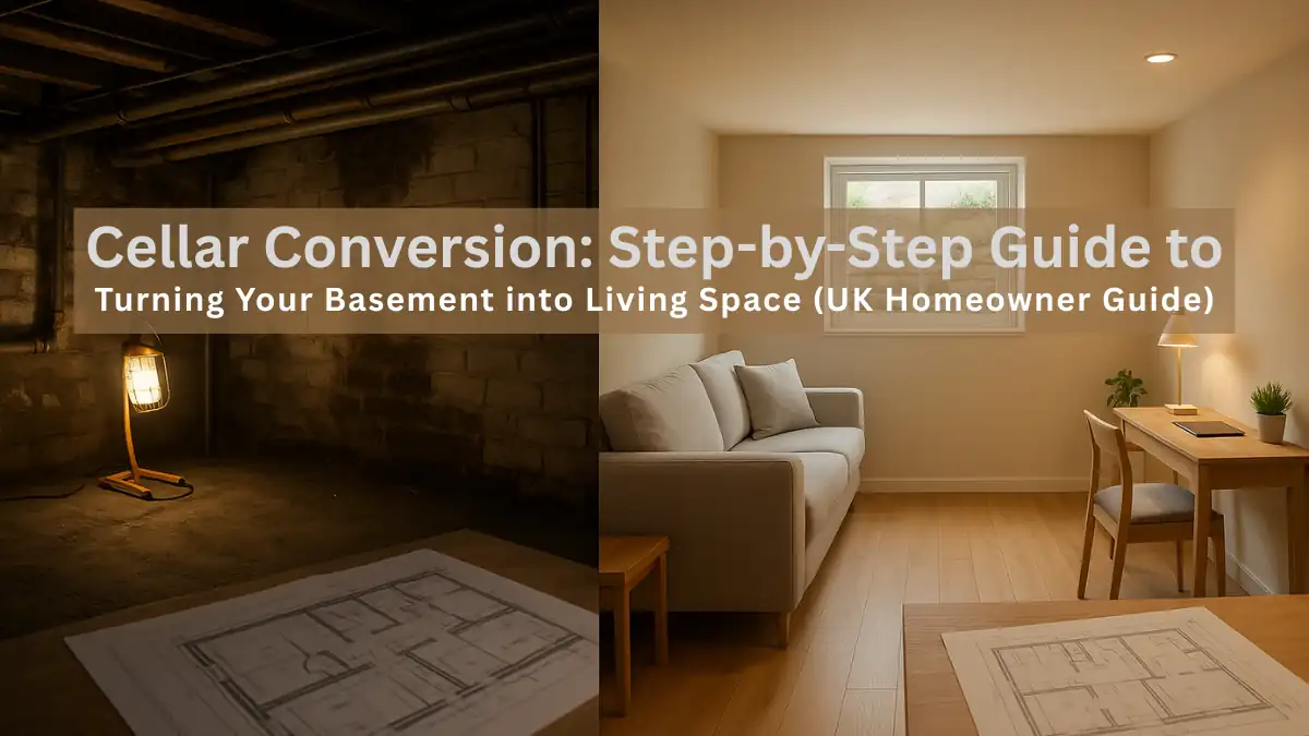 Cellar Conversion Before and after image of a UK basement conversion, showing the transformation from a dark, unfinished cellar to a bright, modern living space with furniture and lighting
