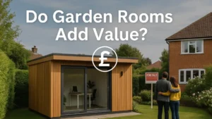 Do Garden Rooms Add Value to a property.A modern UK garden room with timber cladding and large glass doors, shown in a landscaped backyard beside a "For Sale" sign, with a couple looking on.