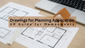 Architectural floor plans on a desk with a scale ruler, laptop, and model house, illustrating a UK homeowner's guide to planning application drawings.