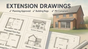 Detailed architectural layout showcasing extension drawings for a modern UK brick-built home, including proposed floor plans, section drawings, and site plan illustrations, with compliance labels for Planning Approved, Building Regs, and PD Compliant – visually highlighting the importance of professional architectural documentation.