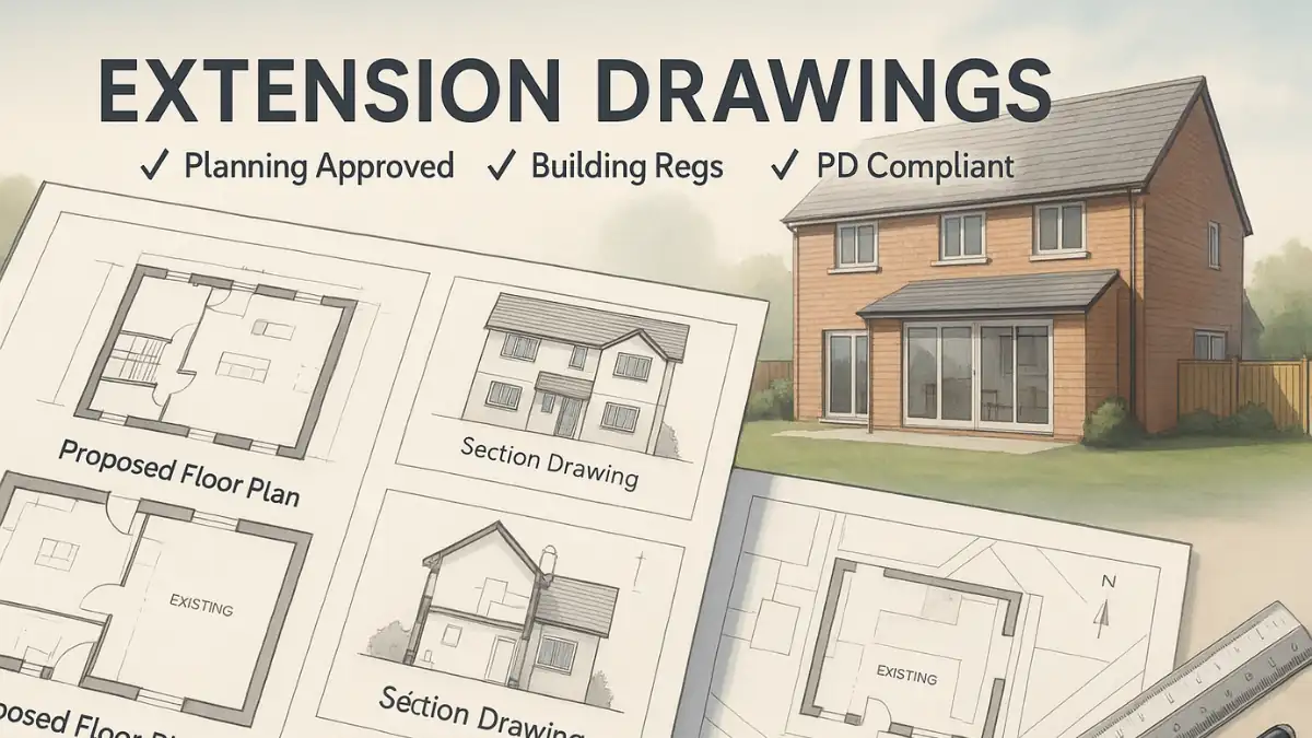 Detailed architectural layout showcasing extension drawings for a modern UK brick-built home, including proposed floor plans, section drawings, and site plan illustrations, with compliance labels for Planning Approved, Building Regs, and PD Compliant – visually highlighting the importance of professional architectural documentation.