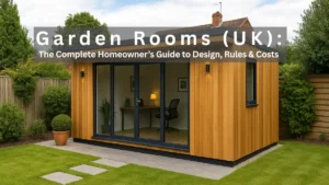 Modern timber garden room in a landscaped UK backyard with large glass doors and a home office setup inside, featured in a homeowner's guide to garden room design, planning rules, and costs.
