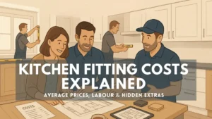 Illustration of a kitchen renovation consultation with a contractor explaining Kitchen Fitting Costs to a couple, surrounded by workers installing cabinets, highlighting average prices, labor, and hidden extras.