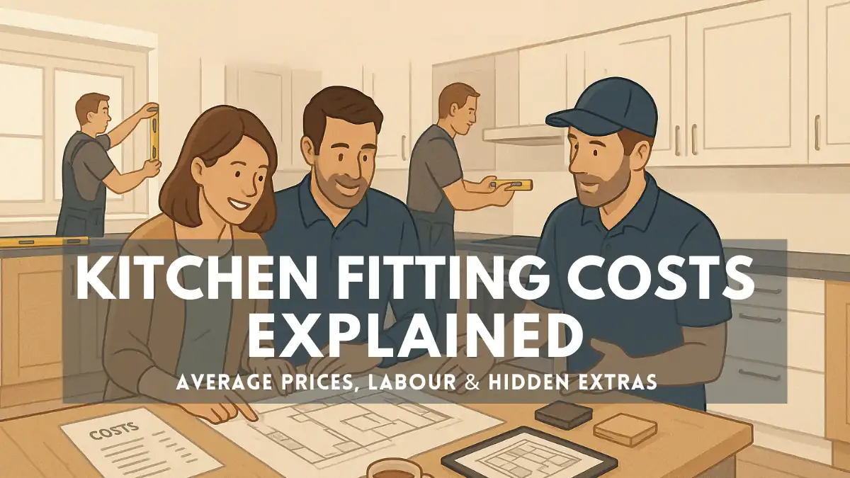 Illustration of a kitchen renovation consultation with a contractor explaining Kitchen Fitting Costs to a couple, surrounded by workers installing cabinets, highlighting average prices, labor, and hidden extras.
