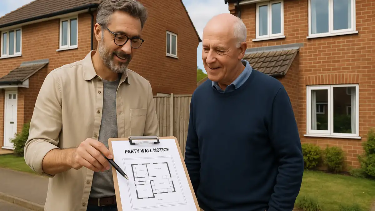 Homeowner and neighbour discussing Party Wall Notices outside their brick houses, with an architect showing building plans on a clipboard