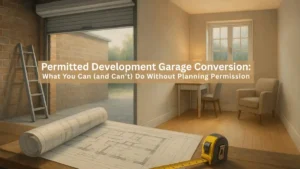 Illustration of a garage being converted into a cozy home office with open roller door, building plans on table, and furniture setup, representing permitted development garage conversions without planning permission.