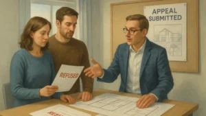 Homeowners meeting with planning consultant after a planning permission appeal, discussing refusal documents and house plans during a UK planning permission appeal process