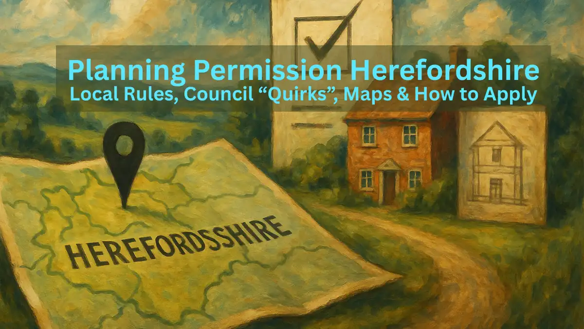 Planning Permission Herefordshire document with architectural plans, pencil, tape measure, and calculator on a desk — symbolising local planning applications and council approval process
