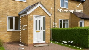 Illustration showing a PD compliant porch extension with planning permission for a porch, including labeled maximum height, width, and distance requirements under permitted development rules.