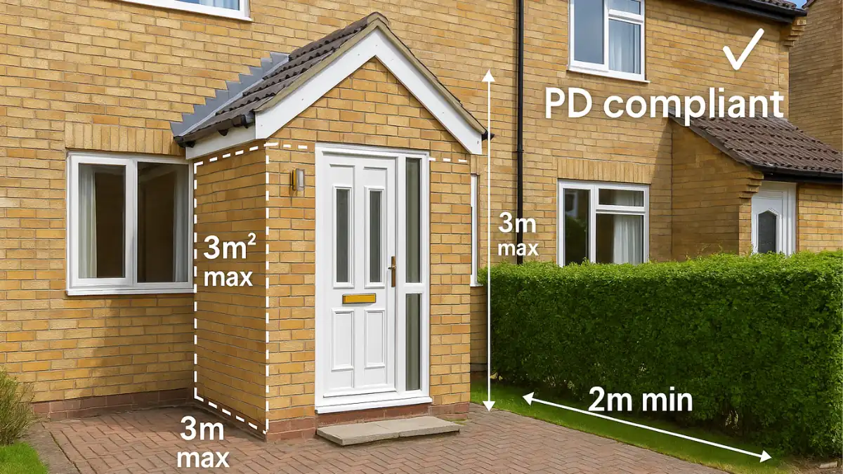 Illustration showing a PD compliant porch extension with planning permission for a porch, including labeled maximum height, width, and distance requirements under permitted development rules.