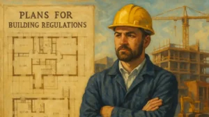 Blueprint-style floor plan illustration with icons representing architecture, permits, home design, and compliance, emphasising plans for building regulations.