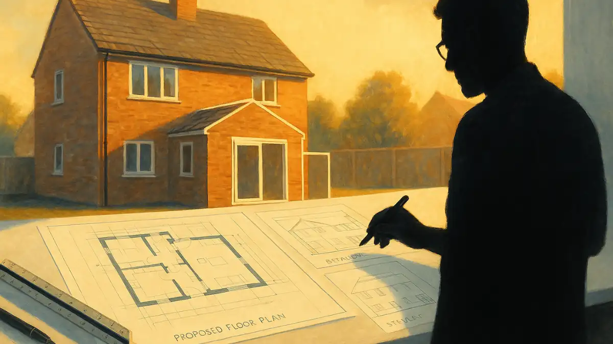 property extension Architect reviewing floor plans for a brick house property at sunset