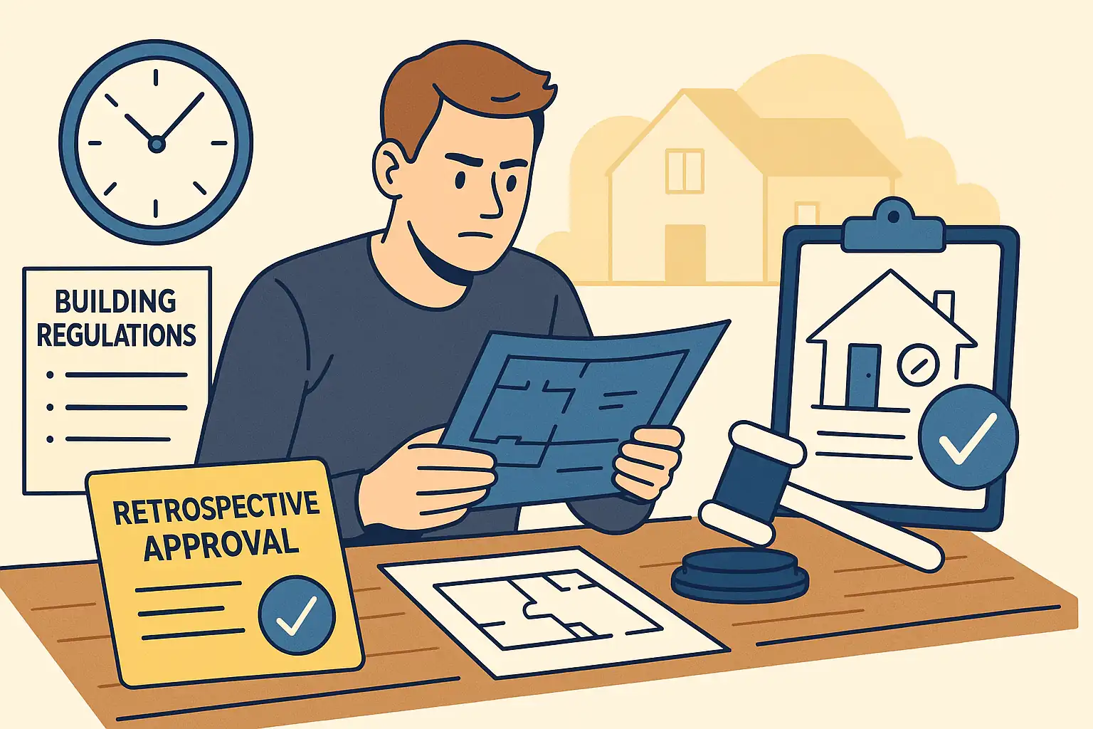 Man reviewing architectural floor plans at a desk surrounded by documents labeled "Building Regulations" and "Retrospective Approval," with a clock and a house in the background, symbolising compliance with UK building control deadlines.