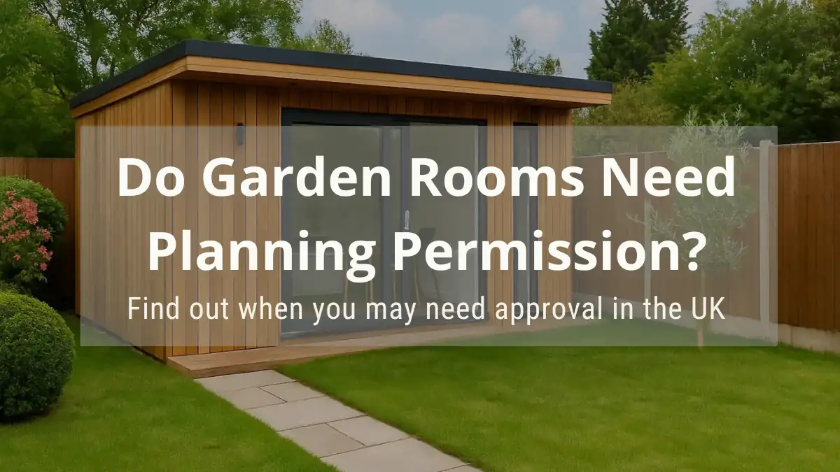 Contemporary wooden garden office or studio in a landscaped British garden, highlighting planning permission rules for garden buildings in the UK
