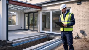 A UK building control officer conducting a structural site inspection of a modern home extension, checking foundations, insulation, and steelwork—ideal visual for answering building control questions on compliance and construction standards.