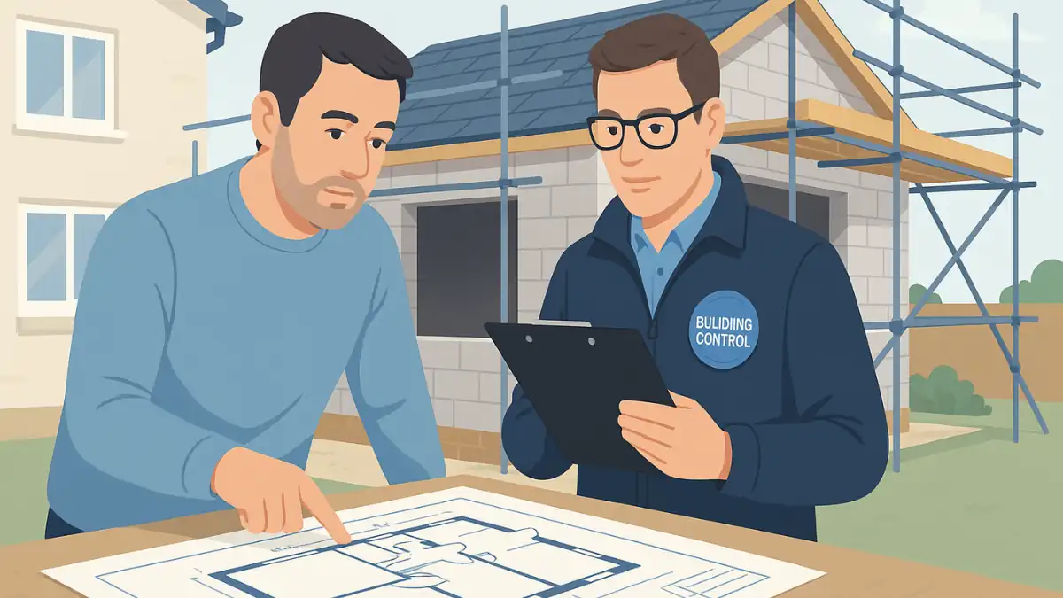 UK homeowner discussing building plans with a Building Control officer in front of a home extension under construction, illustrating the Building Regulations Approval process.
