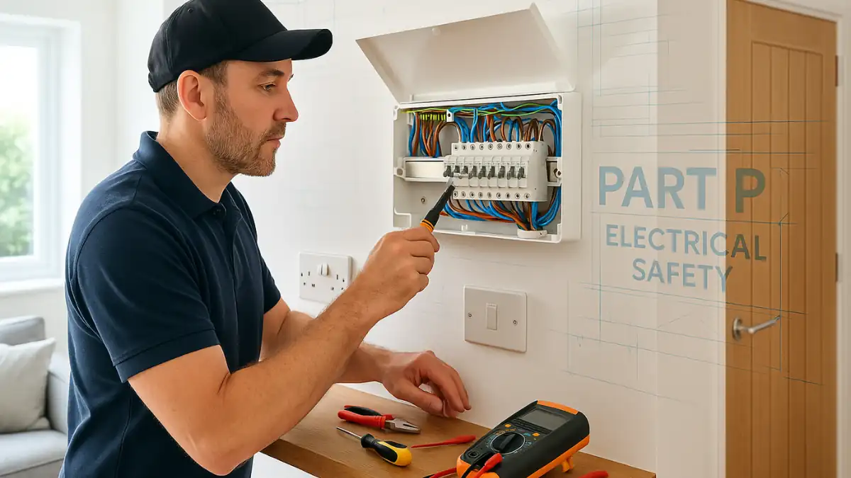 Qualified electrician inspecting a modern UK domestic fuse board, ensuring compliance with Building Regulations Part P electrical safety standards in a well-lit home interior.