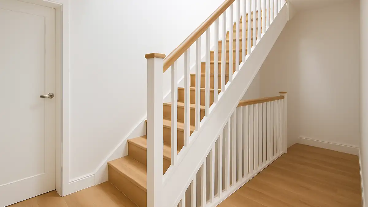 Modern UK hallway with timber staircase showing Building Regulations Stairs compliance — featuring safe handrail height, clear headroom, and minimalist white balustrades in soft natural lighting