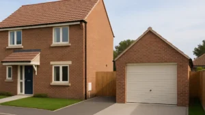Modern UK home with a detached garage, illustrating compliant design and placement—ideal for articles answering “Can I build a garage without planning permission