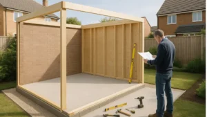 UK homeowner reviewing building plans beside a partially constructed garden room with timber and brick walls, highlighting tools and clean foundation—ideal visual for articles discussing the cost of building an outbuilding.
