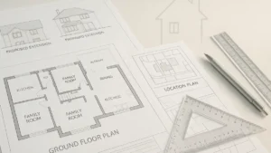 Professional architectural drawings for house extensions laid out on a modern UK workspace desk, featuring detailed floor plans, proposed elevations, a site location plan, and drafting tools like a pencil, ruler, and triangle set square.