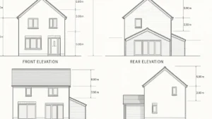 Elevation drawings for planning permission showing front, rear, and side views of a modern UK detached house extension, with labelled dimensions, materials, and architectural details on a clean white background.