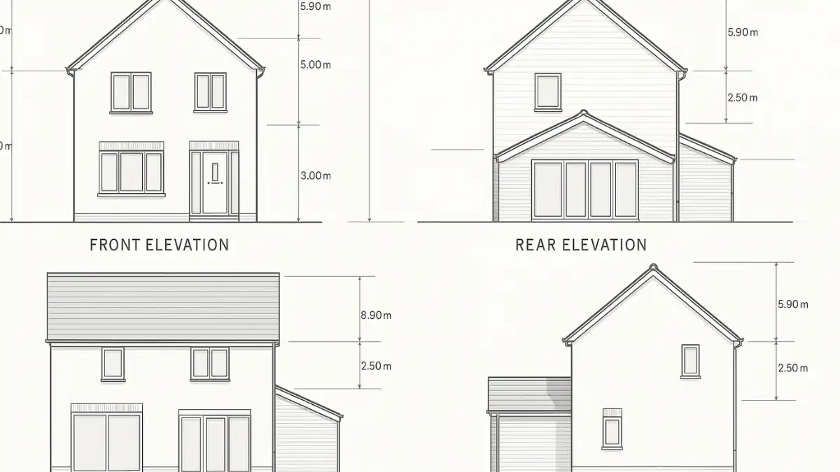 Elevation drawings for planning permission showing front, rear, and side views of a modern UK detached house extension, with labelled dimensions, materials, and architectural details on a clean white background.