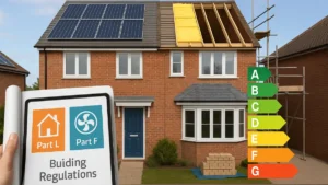 A modern UK semi-detached home under light renovation, featuring solar panels, visible roof insulation, and an energy efficiency rating chart overlay, illustrating key aspects of Energy Performance Ratings and Building Regulations compliance.