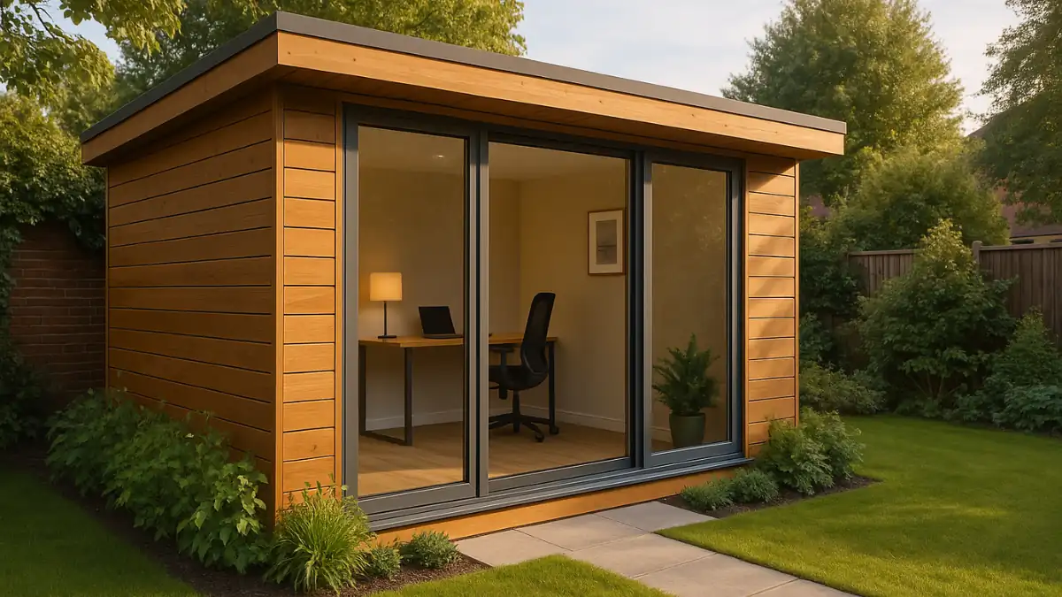 Modern garden buildings office with wooden exterior, large glass sliding doors, and minimalist interior workspace surrounded by lush greenery.