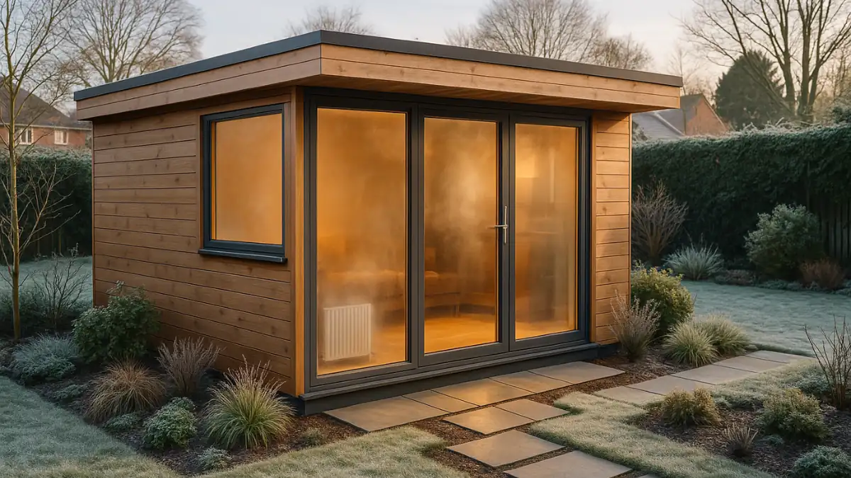 A modern insulated garden room in winter with warm lighting visible through large glazed doors, illustrating effective heating solutions and energy efficiency — perfect example of heating a garden room in the UK.