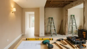Modern UK family home interior mid-renovation, showing one side completed with fresh plaster and clean lines, and the other under construction with exposed joists and tools, highlighting the process of home renovations.