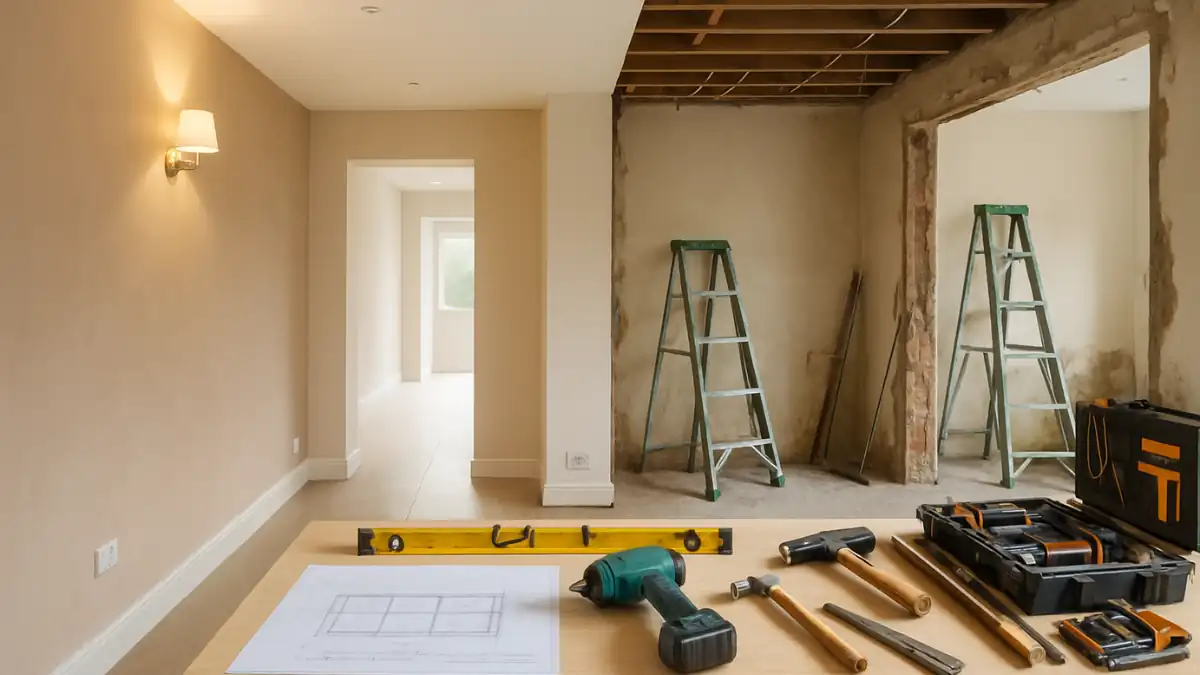 Modern UK family home interior mid-renovation, showing one side completed with fresh plaster and clean lines, and the other under construction with exposed joists and tools, highlighting the process of home renovations.