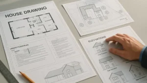 Modern UK architect's workspace featuring a detailed house drawing plan with floor layouts, elevations, site plan, and technical notes on a clean desk, viewed under soft natural lighting for a professional and homeowner-friendly aesthetic.