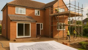 Modern detached English home under construction with single and double-storey extensions, scaffolding, builders, and visible blueprints — illustrating residential building progress for the article “How Much Do Extensions Cost.