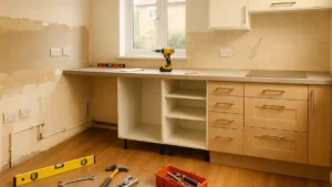 used to illustrate how long does it take to replace a kitchen image of a modern UK family kitchen mid-renovation, showing new cabinetry being installed and old units removed