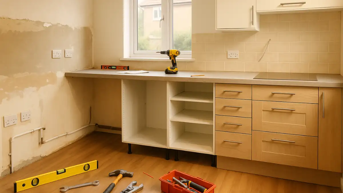 used to illustrate how long does it take to replace a kitchen image of a modern UK family kitchen mid-renovation, showing new cabinetry being installed and old units removed